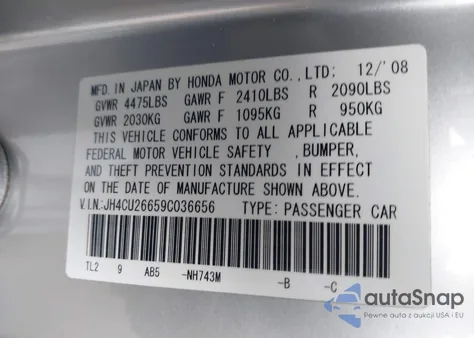2009 Acura Tsx from USA, damaged, VIN JH4CU26659C036656